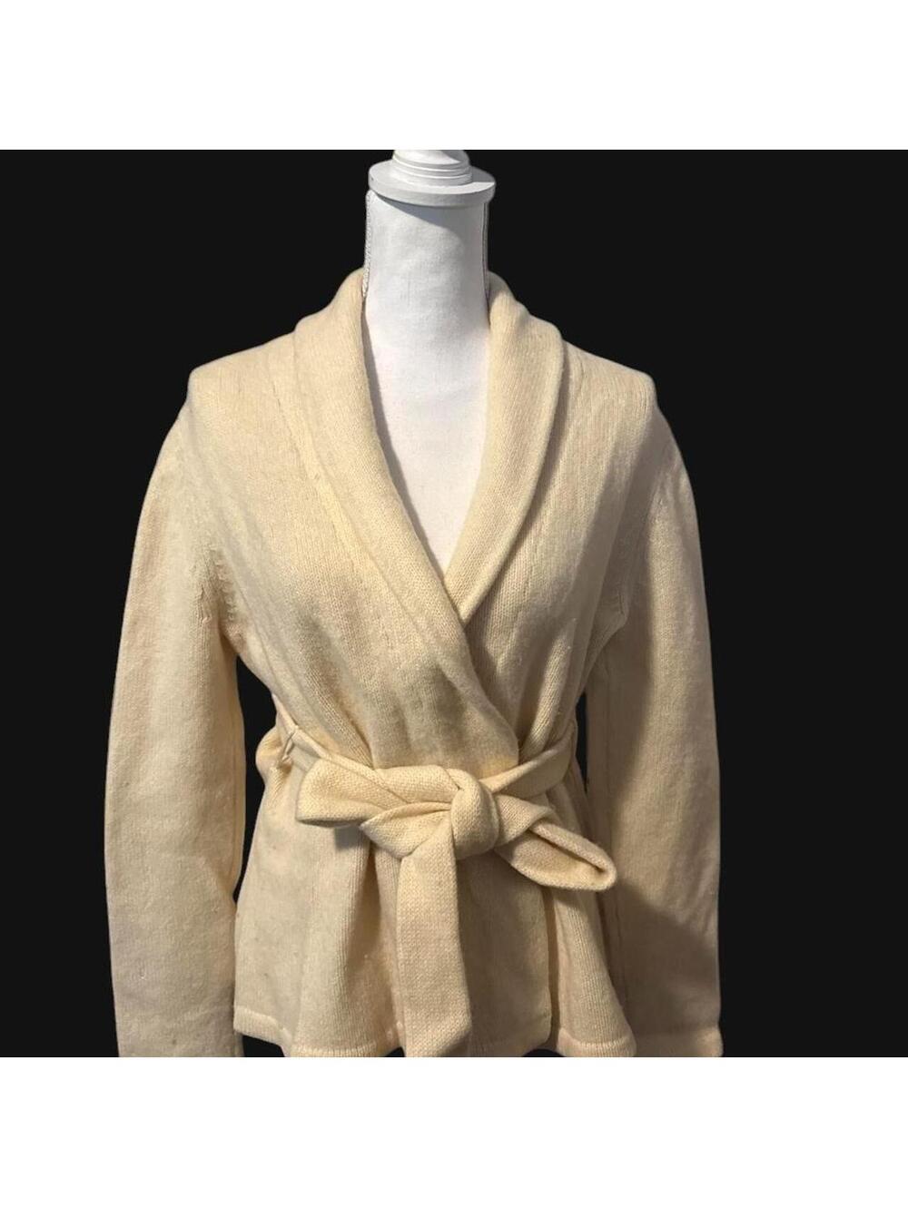 Lauren Ralph Lauren 100% Lambswool Wrap Cardigan Cream Ivory Shawl Collar L